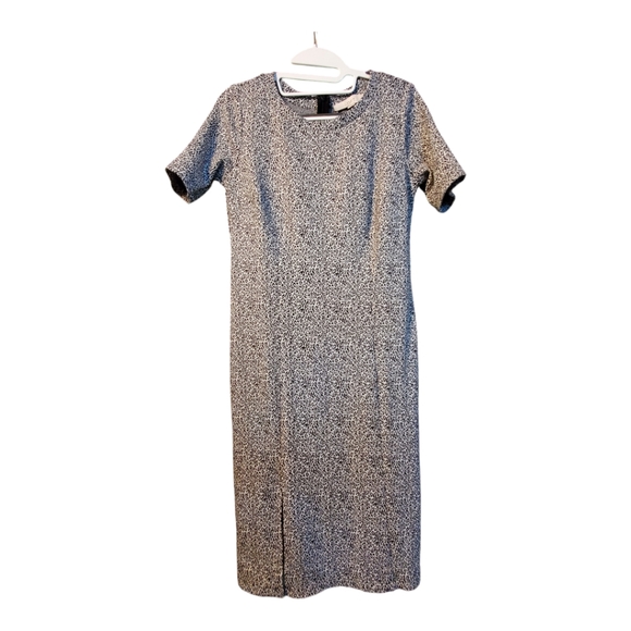 EUC LOFT Black White Short Sleeve Leopard Jacquard Fitted Midi Dress wi… - Picture 2 of 12